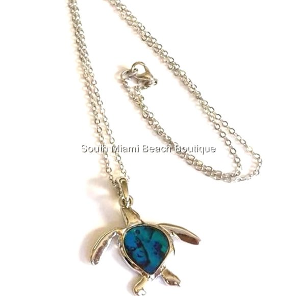 Blue Abalone Shell Sea Turtle Necklace Nautical Island Surfer Silver Plated - Picture 6 of 10
